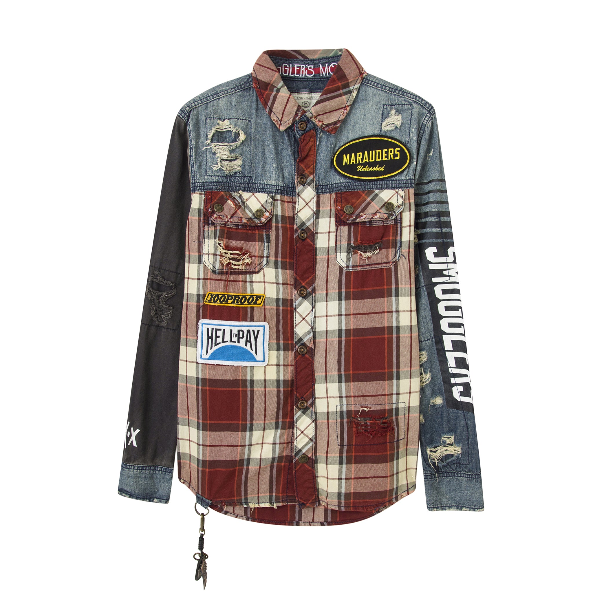 Marauders Distressed Denim and Plaid Mechanics shirt