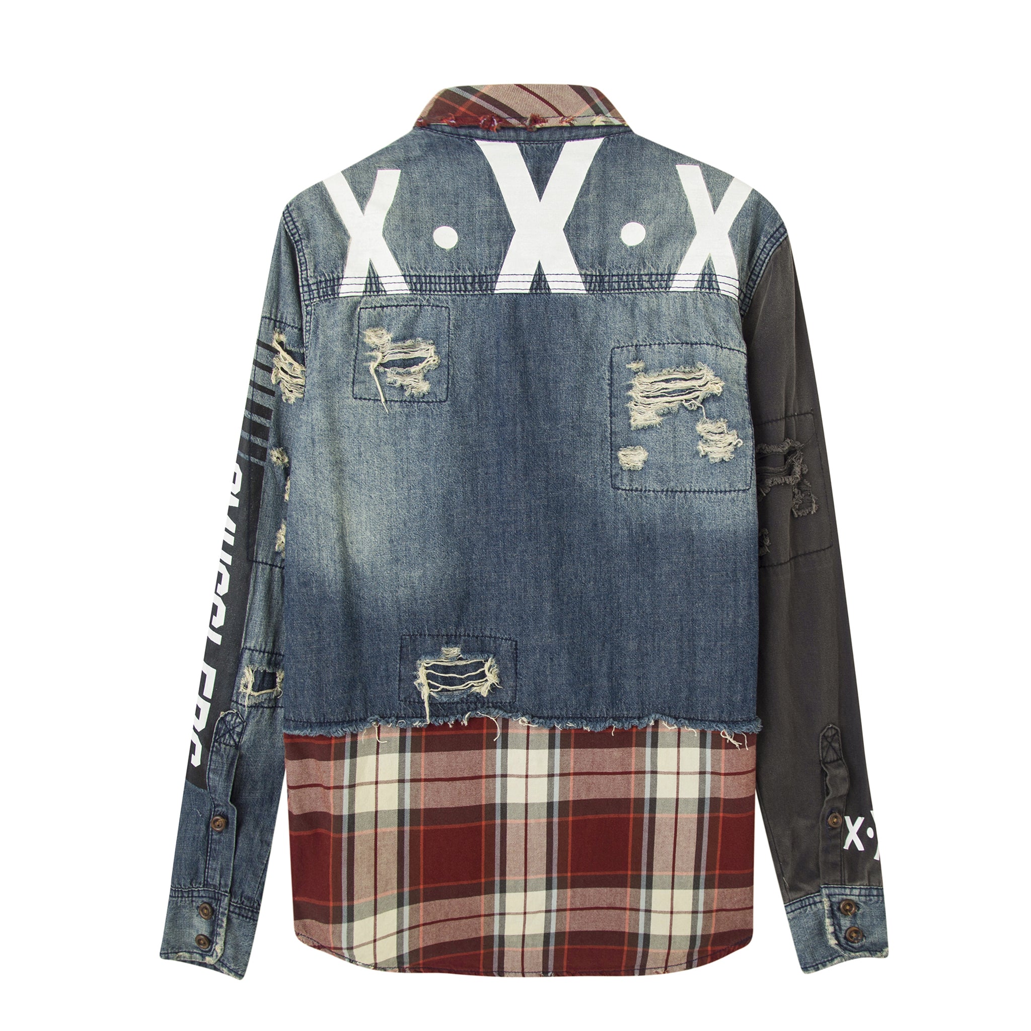 Marauders Distressed Denim and Plaid Mechanics shirt